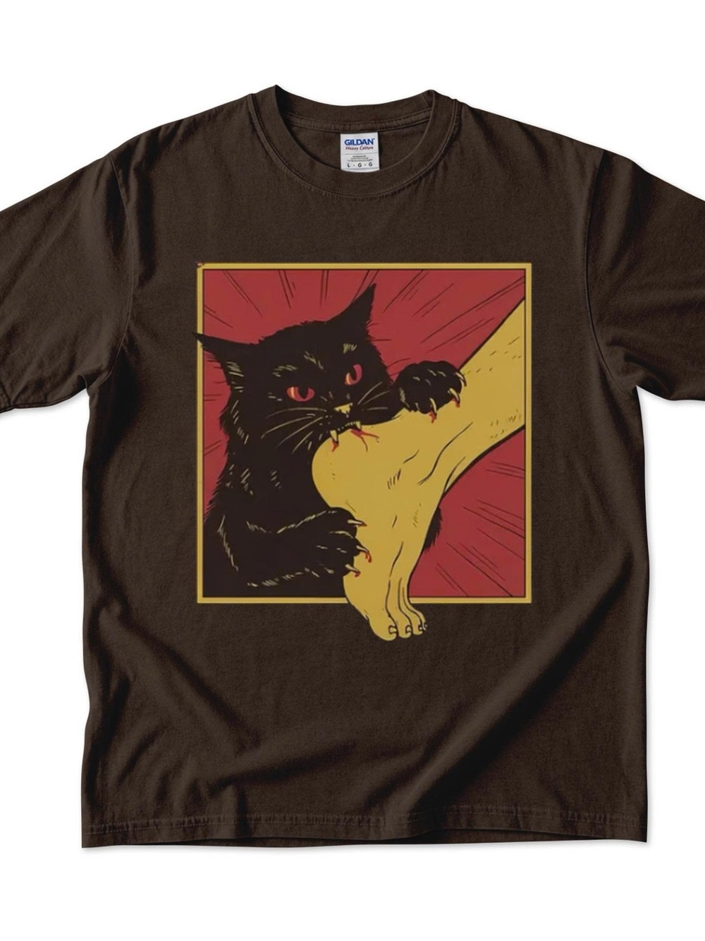 Gildan Brown Tee Vampire Black Cat Bite Foot Graphic Tee